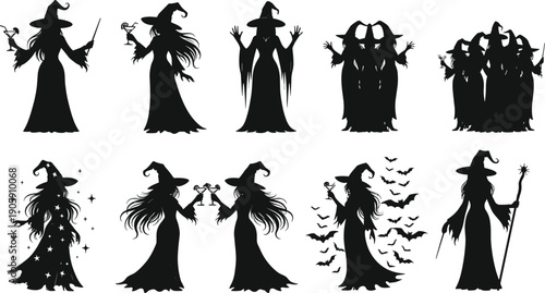 Large set of witch silhouettes with pointed hats and magic wands holding martini glasses with bats and stars isolated on white background for Halloween vector.