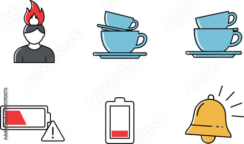 Mental health and professional burnout icon set featuring stress fatigue brain fog emotional exhaustion and work life balance flat vector illustrations for psychological wellness