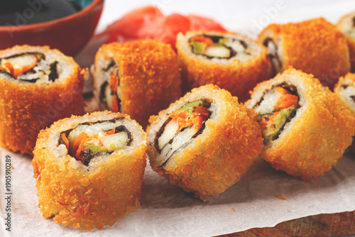 California tempura roll, deep-fried, hot rolls, surimi crab roll and avocado, cream cheese,