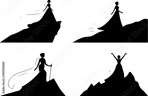 Mountain Hiking Adventure Silhouette Collection with Backpackers and Forest Landscape