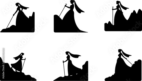 Mountain Hiking Adventure Silhouette Collection with Backpackers and Forest Landscape