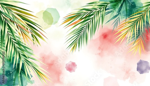 A vibrant watercolor painting of palm fronds with colorful abstract background