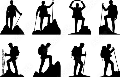 Mountain Hiking Adventure Silhouette Collection with Backpackers and Forest Landscape