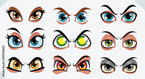 Expressive Cartoon Eyes Collection: A Versatile Set for Animation, Design, and Emotive Storytelling Projects, Featuring Varied Colors, Shapes, and Intense Expressions for Creative Use