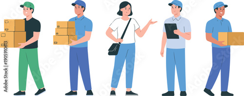 Courier Delivery Team Vector  Boxes, Clipboard & Logistics Service Illustration