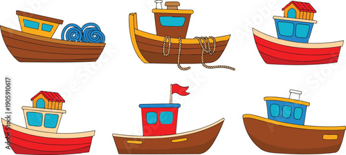 Cute Cartoon Wooden Boat Vector Set  Fishing Boats & Small Ships