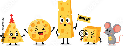 A Quirky Cheese Convention: Cartoon Cheese Characters Celebrate in a Fun, Themed Illustration for Kids' Content, Food-Related Designs, and Playful Marketing Campaigns