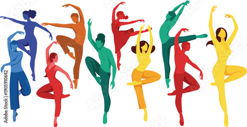 Vibrant and Energetic Ballet Dancers in a Spectrum of Colors, a Celebration of Movement, Expression, and Artistry for Dance Studios, Performances, and Cultural Events.
