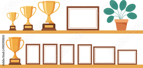 Achievement Trophy Shelf Vector  Award Cups, Certificates & Plaques Illustration