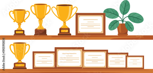 Achievement Trophy Shelf Vector  Award Cups, Certificates & Plaques Illustration