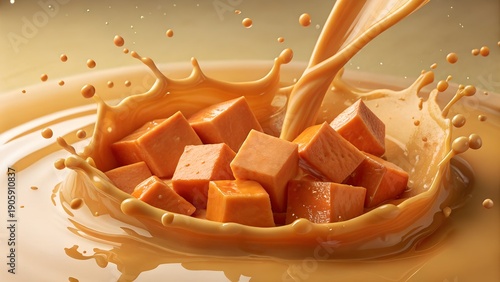 Sweet potato chunks breaking through silky starchy liquid splash, warm amber tones, smooth heavy motion