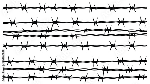 Barbed wire fence, flat and minimal vector symbol representing boundaries, safety, security, restricted access, property protection, military zones, and industrial or agricultural applications.