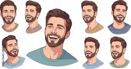 Diverse Facial Expressions of a Man with Beard: A Versatile Illustration Set for Social Media, Branding, and Marketing Designs, Showcasing Joy, Happiness, and Positive Emotion