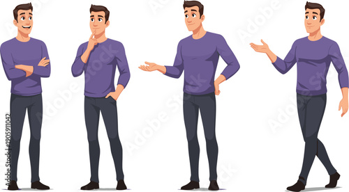 Expressive Young Man in Various Poses: A Vector Character Set for Presentations, Websites, and More, Featuring Charismatic and Engaging Full Body Illustrations