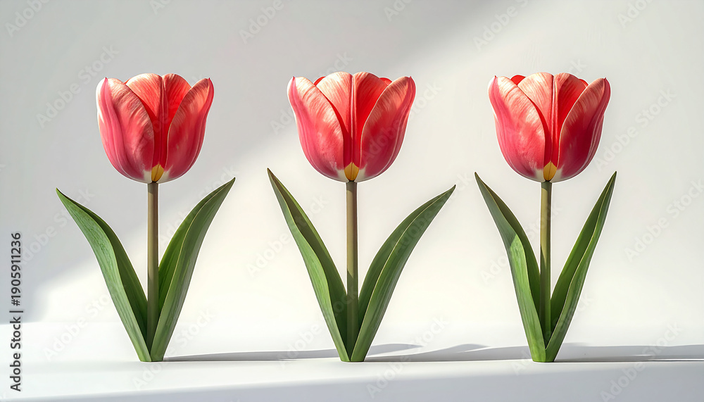 Obraz premium Three red tulips with green leaves standing in a row on a white surface with shadows