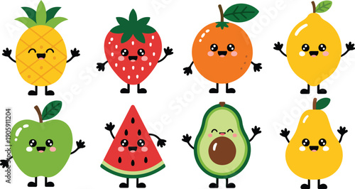 Cute Smiling Fruit Characters  Pineapple, Strawberry, Orange, Lemon, Apple & Avocado Vector Set