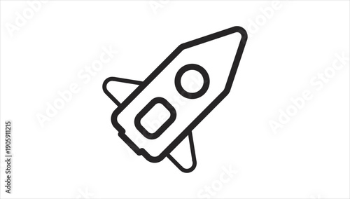 Simple black and white line art illustration of a rocket ship.