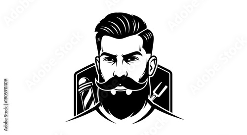 Stylish bearded man with mustache and comb and razor crossing in a barbershop logo design on an isolated white background.