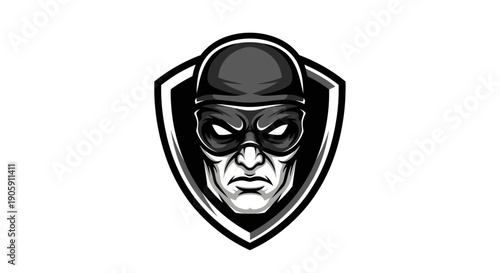 Masked man in a black superhero mask with a determined expression on an isolated white background.