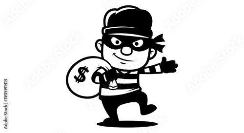 Mischievous Cartoon Thief Character in Striped Shirt Holding Sack of Money, Isolated White Background.