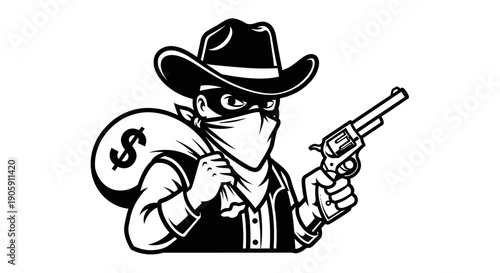 Dangerous Cowboy Bandit Character Holding Revolver and Sack of Money, Isolated White Background.