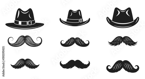 Collection of Classic Hat and Mustache Styles, Isolated White Background.