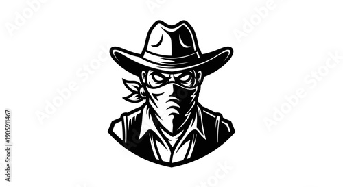 Rugged Cowboy Character with Bandana Mask and Cowboy Hat, Isolated White Background.