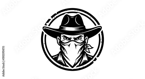 Rugged Cowboy Character with Bandana Mask and Hat in Circular Emblem, Isolated White Background.