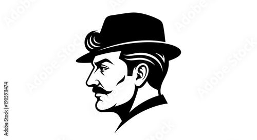 Mysterious Man Profile Wearing Fedora Hat and Classic Mustache, Isolated White Background.