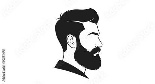 Handsome Man Profile with Full Beard and Classic Haircut, Isolated White Background.