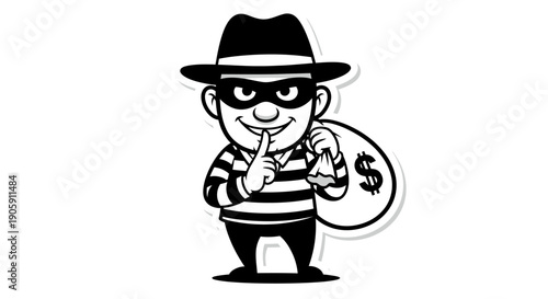 Cartoon Thief in Mask Holding Money Bag and Making Shush Gesture, isolated white background.