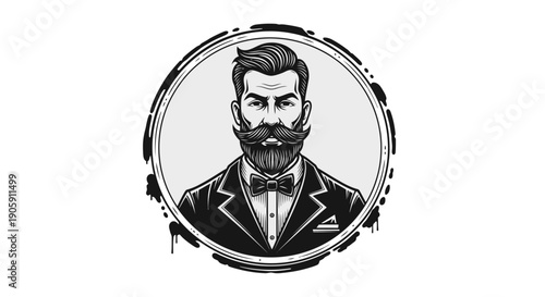 Elegant Dapper Man with Mustache and Beard in Suit and Bow Tie, in Circular Frame, isolated white background.