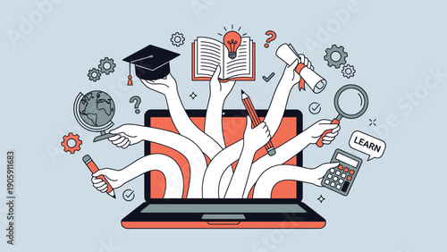 Hands Emerging from Laptop Holding Education Symbols, Graduation Cap, Book and Light Bulb, Isolated on White Background, Flat Design