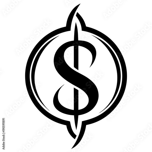 Dollar Symbol in Emblem: A bold black and white graphic design that features a stylized dollar sign, elegantly centered within a circular emblem, symbolizing finance and wealth.