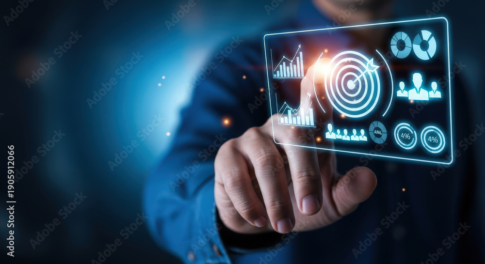 Fototapeta premium Business strategy digital technology development concept with businessman hand touching virtual screen with data charts graph. Planning and success