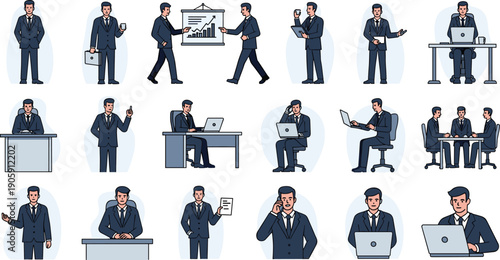 Vector Set of Businessmen in Various Poses: Professional Illustration for Corporate Communications, Demonstrating Office Life, Teamwork, and Technology in Modern Workplace Scenarios