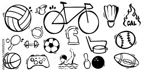 Massive collection of sports equipment icons in hand drawn sketch style. Complete set of fitness, gym, and athletic doodles. High quality vector illustration for infographics and posters.