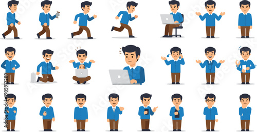 Animated Business Man in Various Poses: A Versatile Vector Illustration Set for Presentations, Websites, and Marketing Materials, Featuring Expressive Characters for Diverse Scenarios