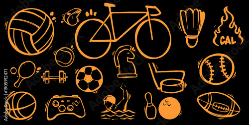 Sports equipment icons set on black background. Orange and blackhand drawn sketch doodle of fitness and gym elements for athletic branding. High quality vector illustration.