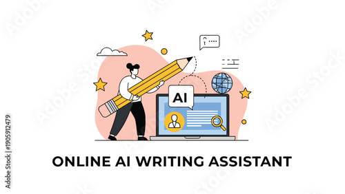 Innovative online AI writing assistant concept with user character and giant pencil symbolizing creative content generation technology.