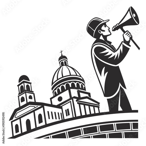 A man in a hat stands on a wall holding a megaphone Vector