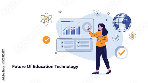 Future of education technology illustration with teacher presenting digital data and scientific symbols for global learning solutions.