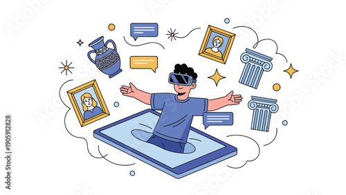 Immersive virtual reality museum experience showing person exploring ancient artifacts and classical art through digital tablet interface.