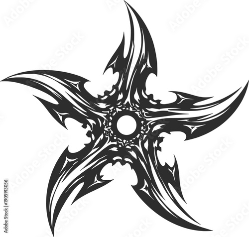 Tribal Shuriken Ninja Star Weapon Illustration in Monochrome Style.