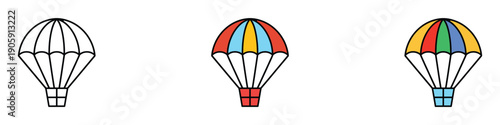 Parachute flight icon vector. Skydiving adventure, Extreme air sport and safe landing equipment symbol set. Vector illustration.