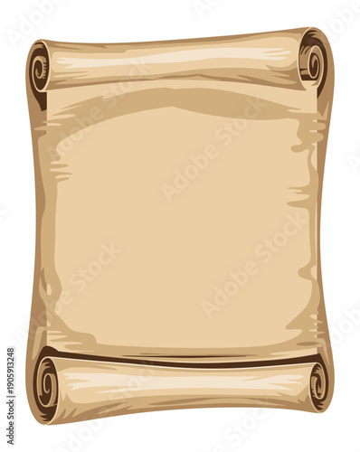 Flat vector illustration of an antique parchment scroll with textured paper, curled edges, and vintage aged appearance, isolated on transparent background.