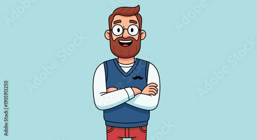 Cartoon Man with Beard, Glasses, and Mustache Vest: Illustration for Education, Tutorials, and Social Media Posts for Various Demographics