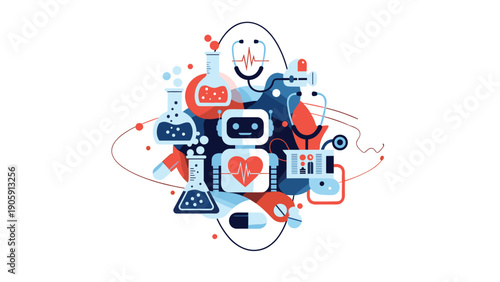 Futuristic AI healthcare concept with robotic assistant central to medical symbols for laboratory research and digital patient diagnostics.