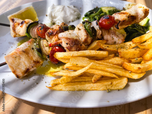 Chicken Souvlaki in greek Taverna on Crete Island
