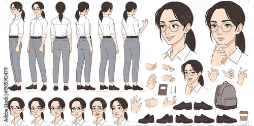 Animated Character Design Sheet: Young Professional Woman in Smart Casual Attire Showcasing Various Poses, Expressions, and Accessories for Modern Visual Storytelling